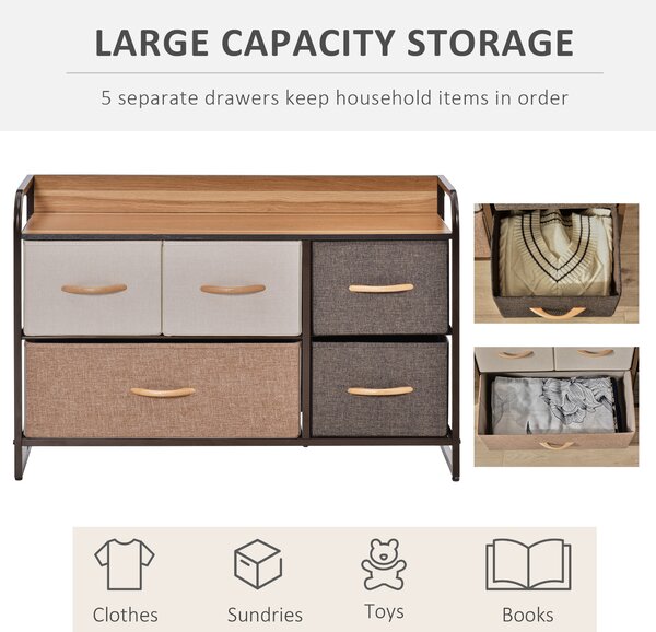 HOMCOM Fabric Dresser: 5-Drawer Linen Tower with Wooden Top, Bedroom & Hallway Storage, Slate Grey Aosom UK