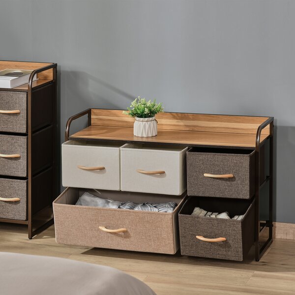 HOMCOM Fabric Dresser: 5-Drawer Linen Tower with Wooden Top, Bedroom & Hallway Storage, Slate Grey Aosom UK