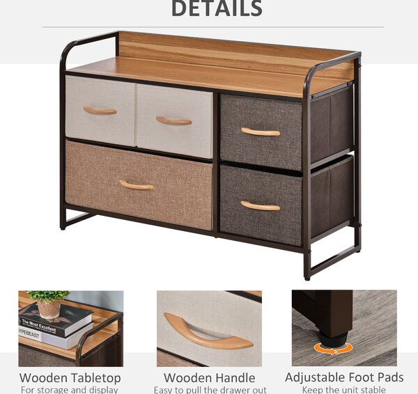 HOMCOM Fabric Dresser: 5-Drawer Linen Tower with Wooden Top, Bedroom & Hallway Storage, Slate Grey Aosom UK