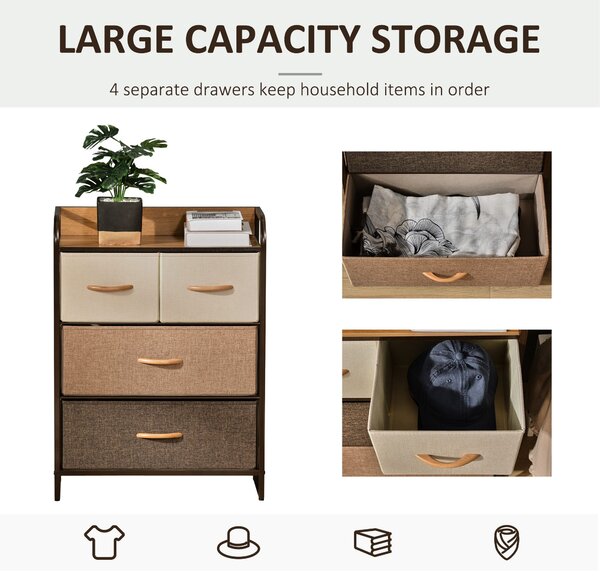HOMCOM Dresser Fabric Drawers w/ 4 Linen-Feel Foldable Drawers & Metal Frame for Storage in Dining & Living Room, Bedroom, Multicoloured Aosom UK