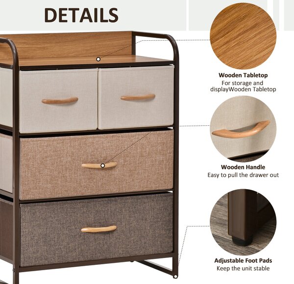 HOMCOM Dresser Fabric Drawers w/ 4 Linen-Feel Foldable Drawers & Metal Frame for Storage in Dining & Living Room, Bedroom, Multicoloured Aosom UK