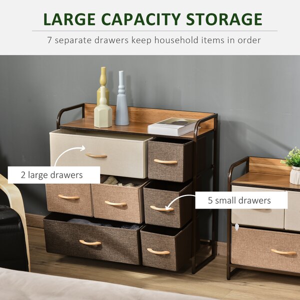 HOMCOM Dresser Fabric Drawers w/ 7 Linen-Feel Foldable Drawers & Metal Frame for Storage in Dining & Living Room, Bedroom, Multicoloured Aosom UK