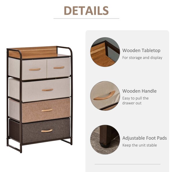 HOMCOM 5-Drawer Dresser Tower 3-Tier Storage Organizer with Steel Frame Wooden Top for Bedroom Hallway Closets