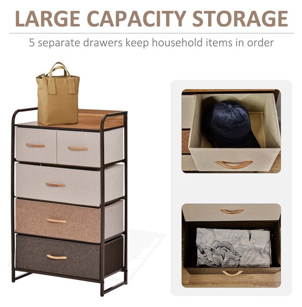 HOMCOM 5-Drawer Dresser Tower 3-Tier Storage Organizer with Steel Frame Wooden Top for Bedroom Hallway Closets
