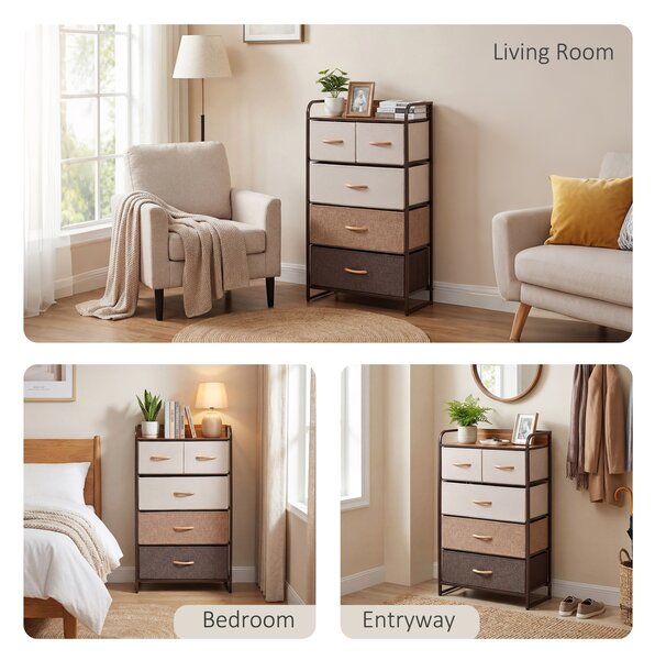 HOMCOM 5-Drawer Dresser Tower 3-Tier Storage Organizer with Steel Frame Wooden Top for Bedroom Hallway Closets