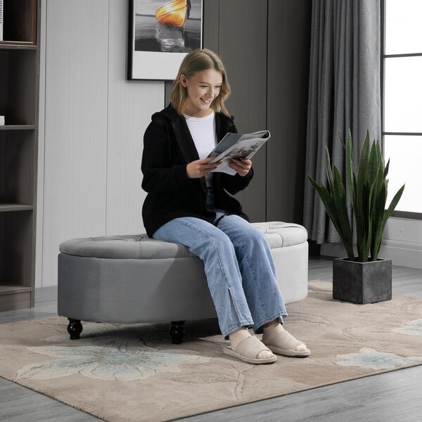 HOMCOM Storage Ottoman Bench, Semi-Circle Tufted Upholstered Accent Seat with Rubberwood Legs, Footrest Stool for Entryway & Bedroom, Grey Aosom UK