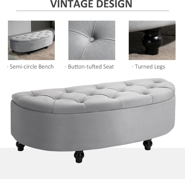 HOMCOM Storage Ottoman Bench, Semi-Circle Tufted Upholstered Accent Seat with Rubberwood Legs, Footrest Stool for Entryway & Bedroom, Grey Aosom UK