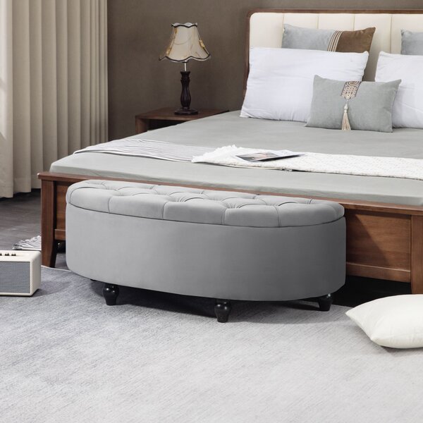 HOMCOM Storage Ottoman Bench, Semi-Circle Tufted Upholstered Accent Seat with Rubberwood Legs, Footrest Stool for Entryway & Bedroom, Grey Aosom UK