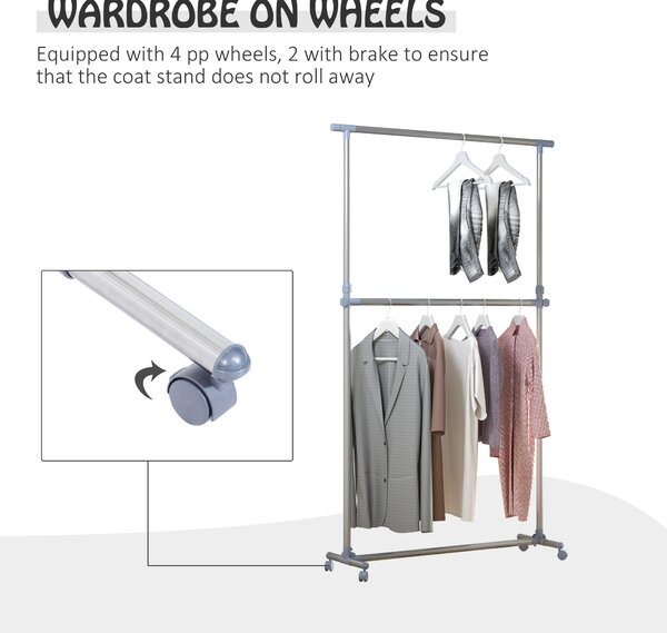 HOMCOM Heavy Duty Garment Rail Clothes Hanger on Wheels, Adjustable Hanging Display Stand, Black