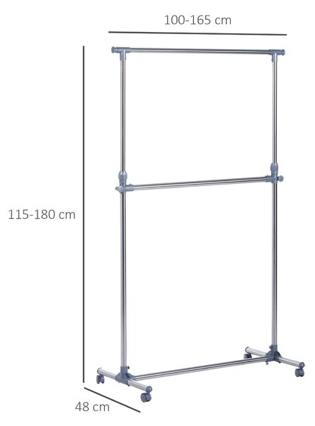 HOMCOM Heavy Duty Garment Rail Clothes Hanger on Wheels, Adjustable Hanging Display Stand, Black
