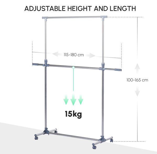 HOMCOM Heavy Duty Garment Rail Clothes Hanger on Wheels, Adjustable Hanging Display Stand, Black