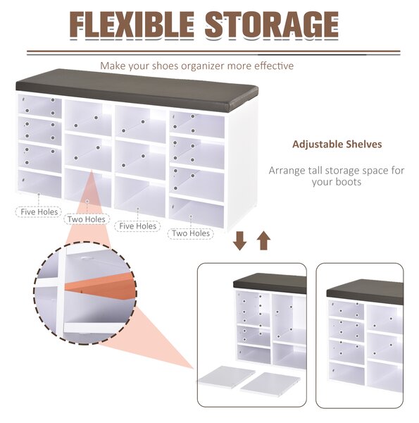 HOMCOM Multi-Storage Shoe Rack w/ 14 Compartments Cushion Moving Shelves Solid Frame Foot Pads Home Office Tidy Organisation Boots Trainers White