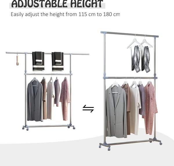 HOMCOM Heavy Duty Garment Rail Clothes Hanger on Wheels, Adjustable Hanging Display Stand, Black