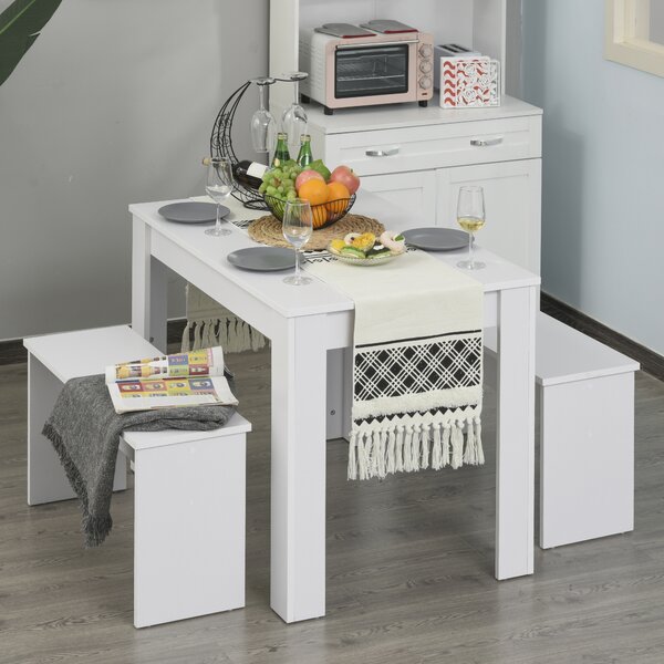 HOMCOM 3 Pieces Dining Set, Kitchen Dining Table and Benches with Particle Board Structure, for Compact Kitchen and Living Room, White Aosom UK