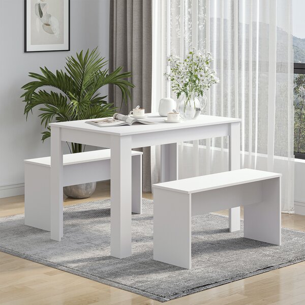 HOMCOM 3 Pieces Dining Set, Kitchen Dining Table and Benches with Particle Board Structure, for Compact Kitchen and Living Room, White Aosom UK