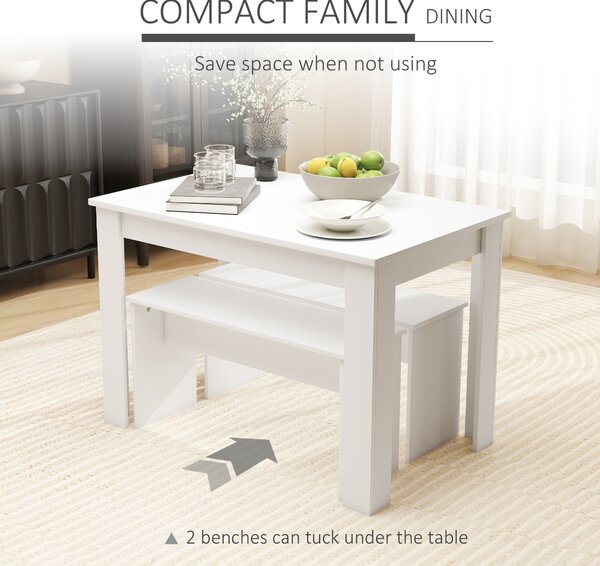 HOMCOM 3 Pieces Dining Set, Kitchen Dining Table and Benches with Particle Board Structure, for Compact Kitchen and Living Room, White Aosom UK
