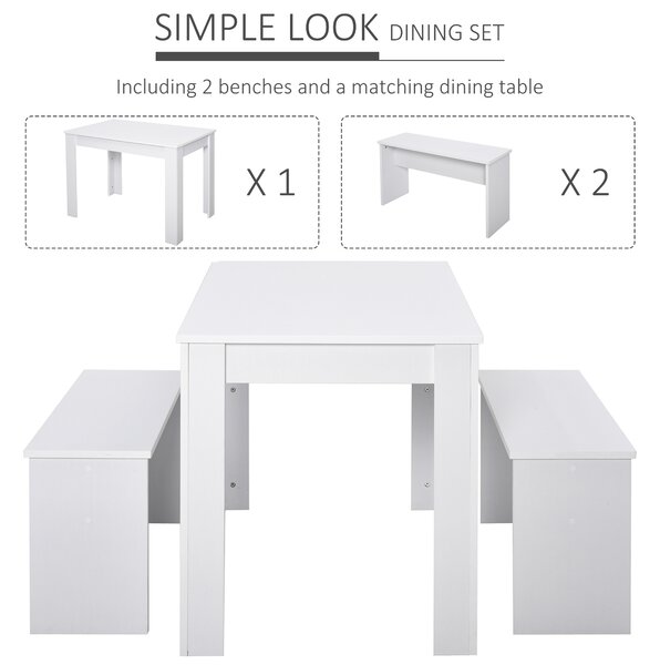 HOMCOM 3 Pieces Dining Set, Kitchen Dining Table and Benches with Particle Board Structure, for Compact Kitchen and Living Room, White Aosom UK