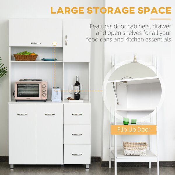 HOMCOM Freestanding Kitchen Storage Unit w/ Cupboard Cabinets Open Compartments Drawers Metal Handles Side Shelf Server Organisation Furniture White