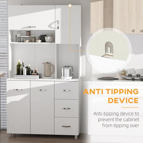 HOMCOM Freestanding Kitchen Storage Unit w/ Cupboard Cabinets Open Compartments Drawers Metal Handles Side Shelf Server Organisation Furniture White