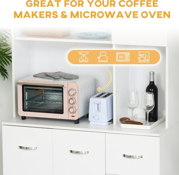 HOMCOM Freestanding Kitchen Storage Unit w/ Cupboard Cabinets Open Compartments Drawers Metal Handles Side Shelf Server Organisation Furniture White