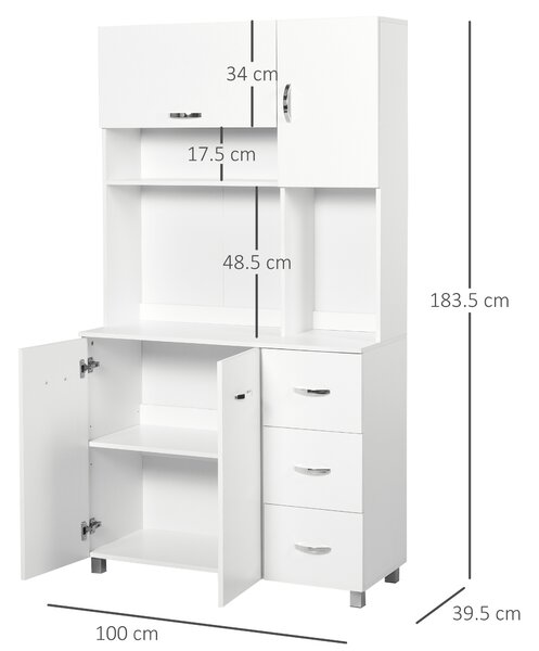 HOMCOM Freestanding Kitchen Storage Unit w/ Cupboard Cabinets Open Compartments Drawers Metal Handles Side Shelf Server Organisation Furniture White