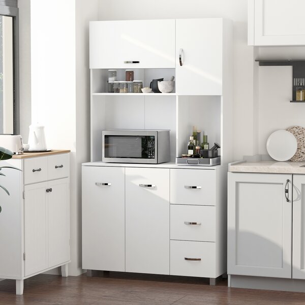 HOMCOM Freestanding Kitchen Storage Unit w/ Cupboard Cabinets Open Compartments Drawers Metal Handles Side Shelf Server Organisation Furniture White