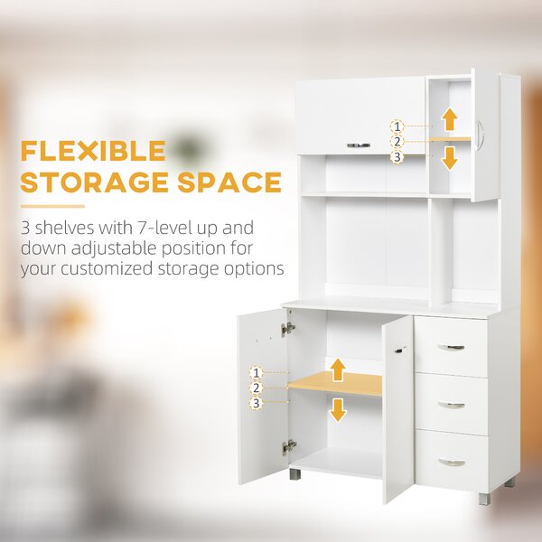 HOMCOM Freestanding Kitchen Storage Unit w/ Cupboard Cabinets Open Compartments Drawers Metal Handles Side Shelf Server Organisation Furniture White