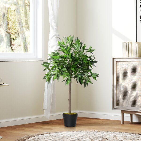 Outsunny Set of 2 Artificial Topiary Bay Laurel Ball Trees Decorative Plant with Nursery Pot for Indoor Outdoor Décor, 90cm Aosom UK