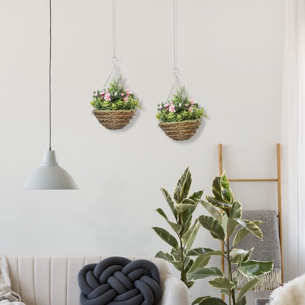 Outsunny Set of 2 Artificial Plant Lisianthus Flowers Hanging Planter with Basket for Indoor Outdoor Decoration Aosom UK