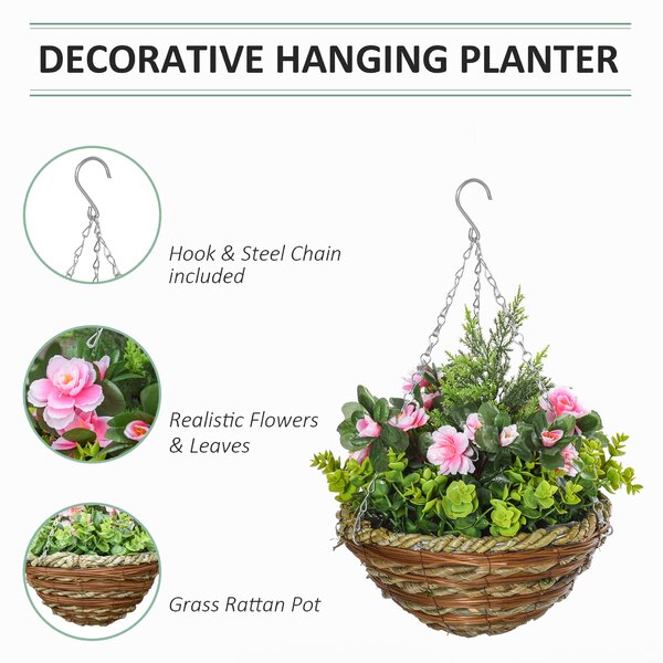 Outsunny Set of 2 Artificial Plant Lisianthus Flowers Hanging Planter with Basket for Indoor Outdoor Decoration Aosom UK