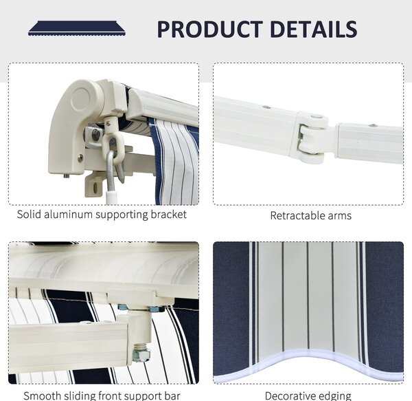 Outsunny Waterproof Garden Patio Manual Awning Canopy Sun Shade Shelter Retractabl Retractable Awning, 3.5x2.5 m-Blue/White Aosom UK