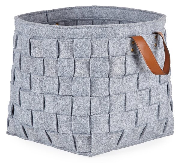 Grey Felt Storage Basket with Leather Handle