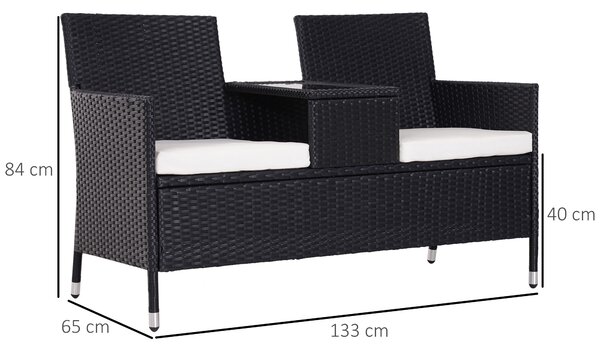 Outsunny Garden Rattan 2 Seater Companion Seat Wicker Love Seat Weave Partner Bench w/ Cushions Patio Outdoor Furniture (Black) Aosom UK