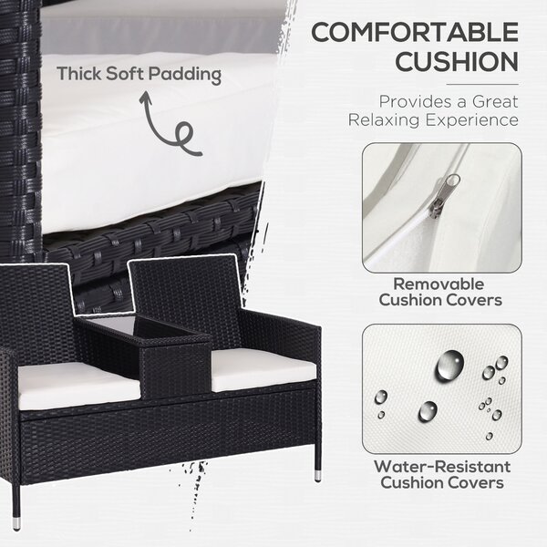 Outsunny Garden Rattan 2 Seater Companion Seat Wicker Love Seat Weave Partner Bench w/ Cushions Patio Outdoor Furniture (Black) Aosom UK