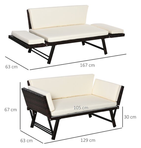 Outsunny Waterproof 2 Seater Rattan Folding Daybed Sofa Bench Garden Chaise Lounger Loveseat with Cushion Outdoor Patio Brown Aosom UK