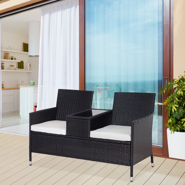 Outsunny Garden Rattan 2 Seater Companion Seat Wicker Love Seat Weave Partner Bench w/ Cushions Patio Outdoor Furniture (Black) Aosom UK