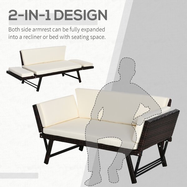 Outsunny Waterproof 2 Seater Rattan Folding Daybed Sofa Bench Garden Chaise Lounger Loveseat with Cushion Outdoor Patio Brown Aosom UK