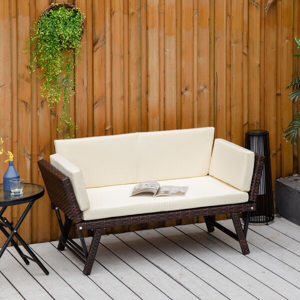Outsunny Waterproof 2 Seater Rattan Folding Daybed Sofa Bench Garden Chaise Lounger Loveseat with Cushion Outdoor Patio Brown Aosom UK