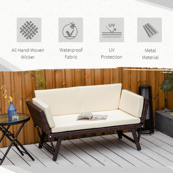 Outsunny Waterproof 2 Seater Rattan Folding Daybed Sofa Bench Garden Chaise Lounger Loveseat with Cushion Outdoor Patio Brown Aosom UK