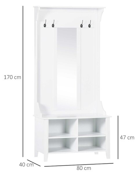 HOMCOM Entryway Storage Solution, Shoe Bench with Mirror, Coat Rack, Organiser Shelves, 4 Hooks, White Aosom UK