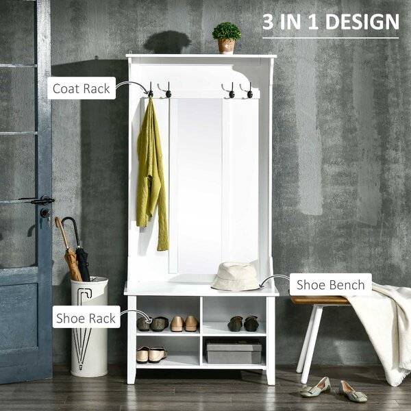 HOMCOM Entryway Storage Solution, Shoe Bench with Mirror, Coat Rack, Organiser Shelves, 4 Hooks, White Aosom UK