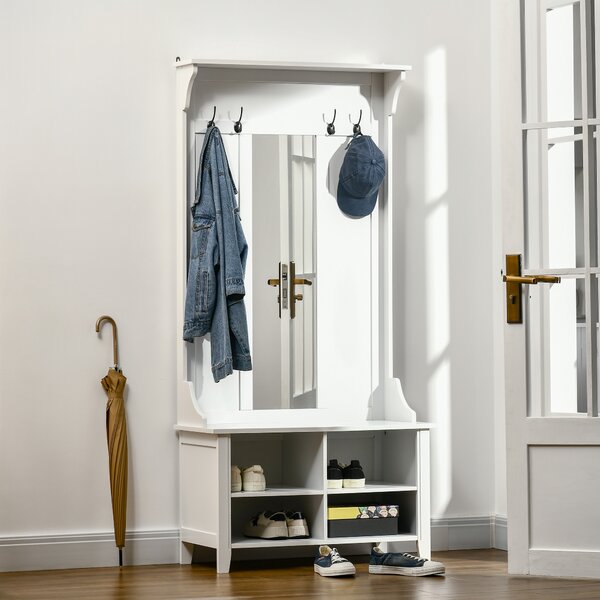 HOMCOM Entryway Storage Solution, Shoe Bench with Mirror, Coat Rack, Organiser Shelves, 4 Hooks, White Aosom UK