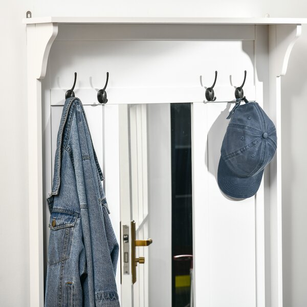 HOMCOM Entryway Storage Solution, Shoe Bench with Mirror, Coat Rack, Organiser Shelves, 4 Hooks, White Aosom UK