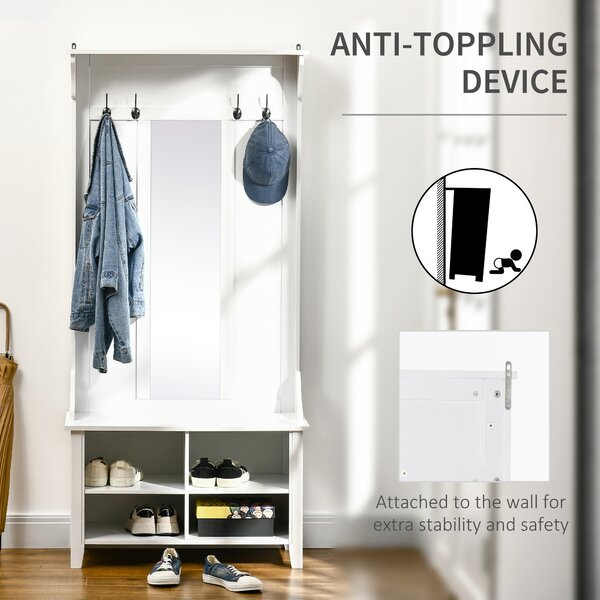 HOMCOM Entryway Storage Solution, Shoe Bench with Mirror, Coat Rack, Organiser Shelves, 4 Hooks, White Aosom UK