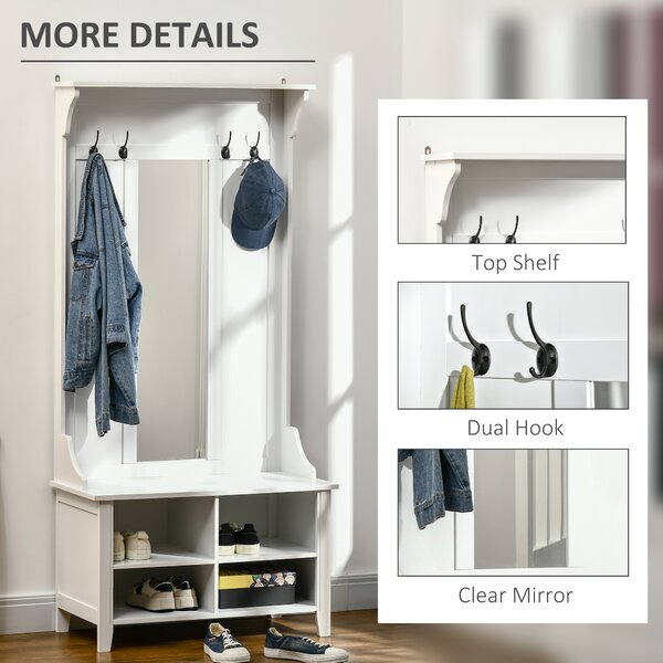 HOMCOM Entryway Storage Solution, Shoe Bench with Mirror, Coat Rack, Organiser Shelves, 4 Hooks, White Aosom UK