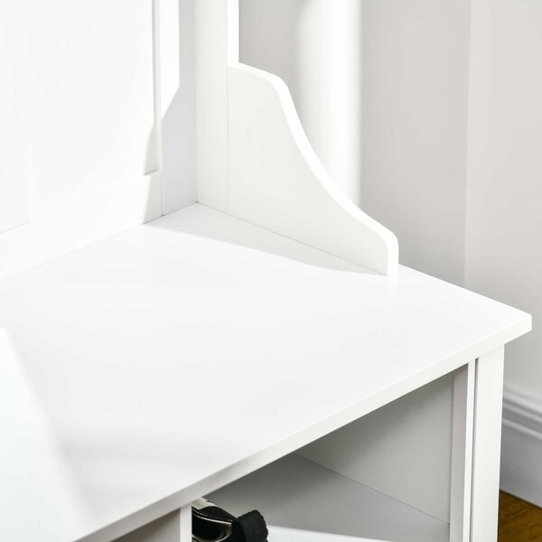 HOMCOM Entryway Storage Solution, Shoe Bench with Mirror, Coat Rack, Organiser Shelves, 4 Hooks, White Aosom UK