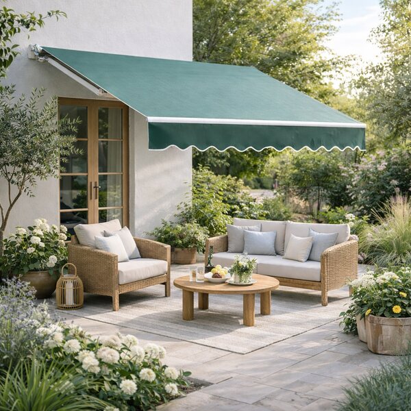Outsunny 3 x 2.5m Manual Retractable Awning for Patio 15-45° Sun Canopy with Waterproof Fabric Porch Awning for Home - Greyish Green Aosom UK