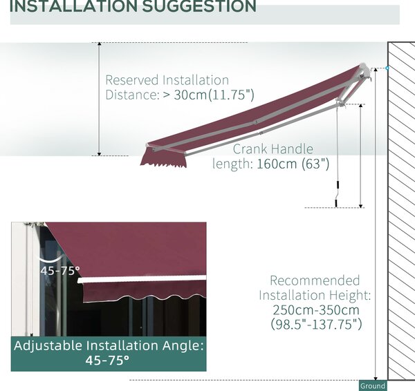 Outsunny 3 x 2.5m Manual Retractable Awning for Patio 15-45° Sun Canopy with Waterproof Fabric Porch Awning for Home - Wine Red Aosom UK