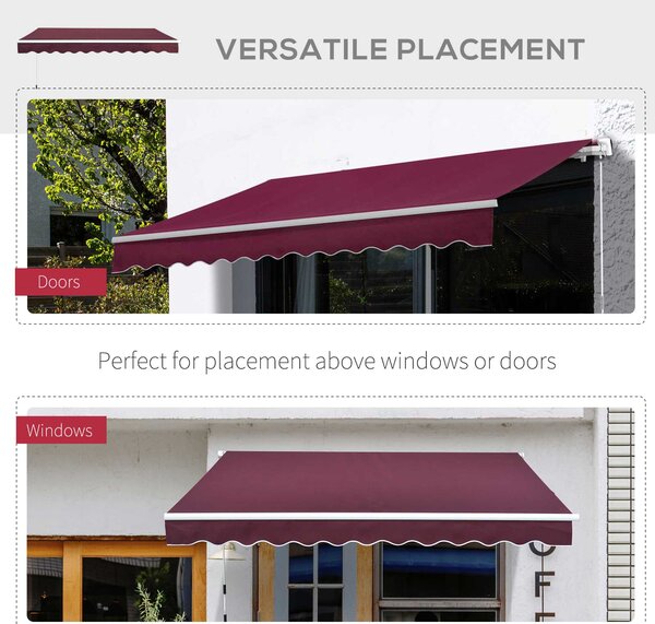 Outsunny 3 x 2.5m Manual Retractable Awning for Patio 15-45° Sun Canopy with Waterproof Fabric Porch Awning for Home - Wine Red Aosom UK