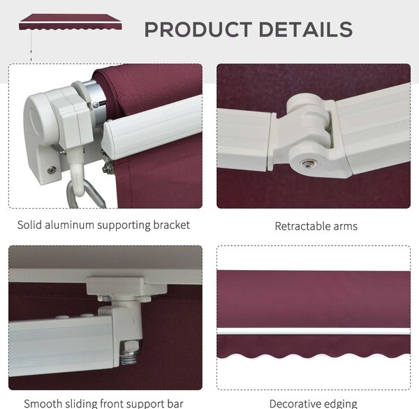 Outsunny 3 x 2.5m Manual Retractable Awning for Patio 15-45° Sun Canopy with Waterproof Fabric Porch Awning for Home - Wine Red Aosom UK